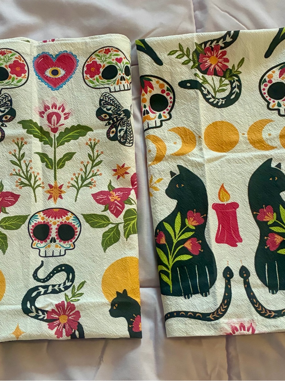 Day of the Dead Floral Skull & Black Cat Tea Towels - Colorful Floral Print